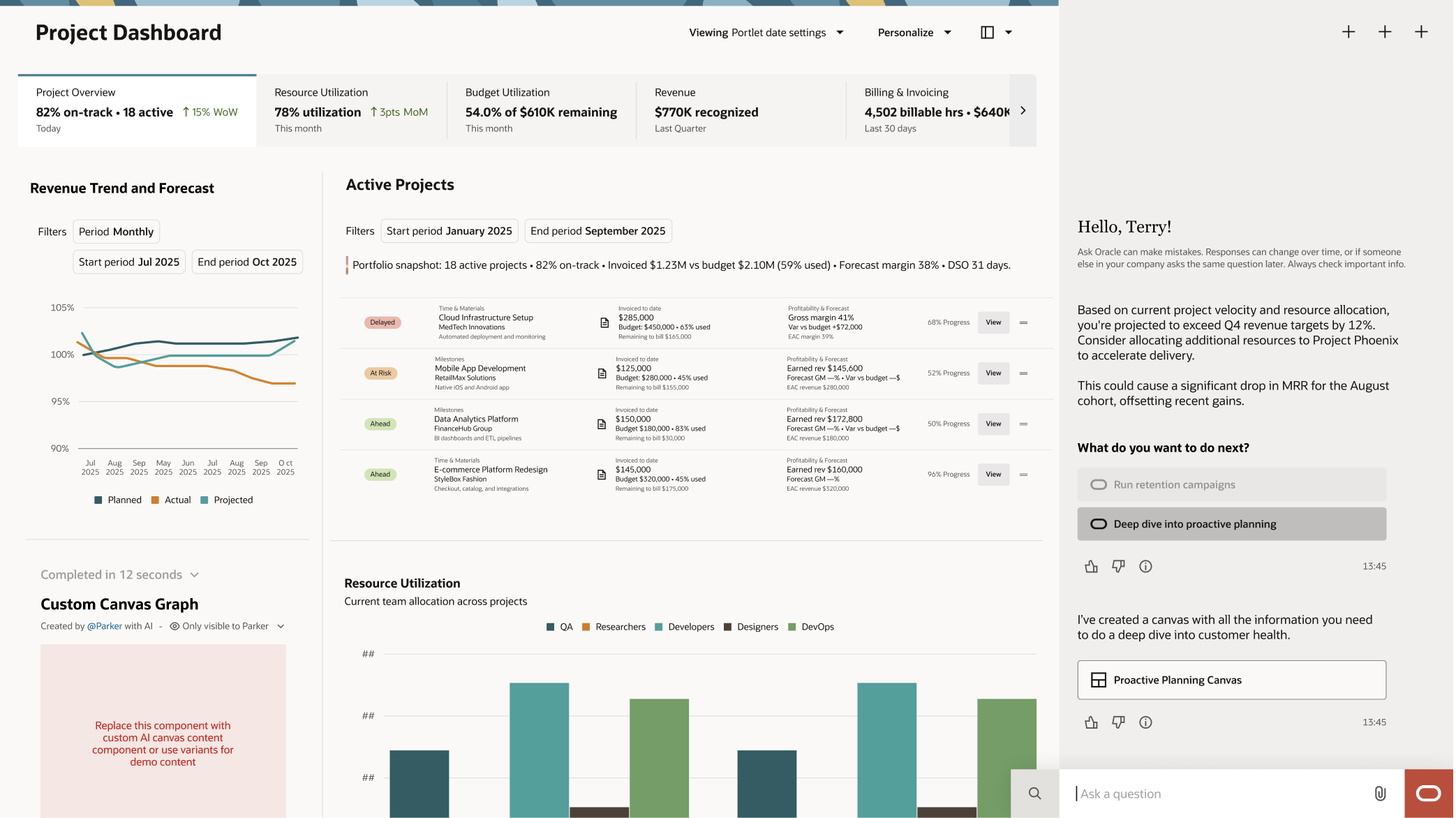 Project Dashboard with AI assistant panel and portfolio recommendations