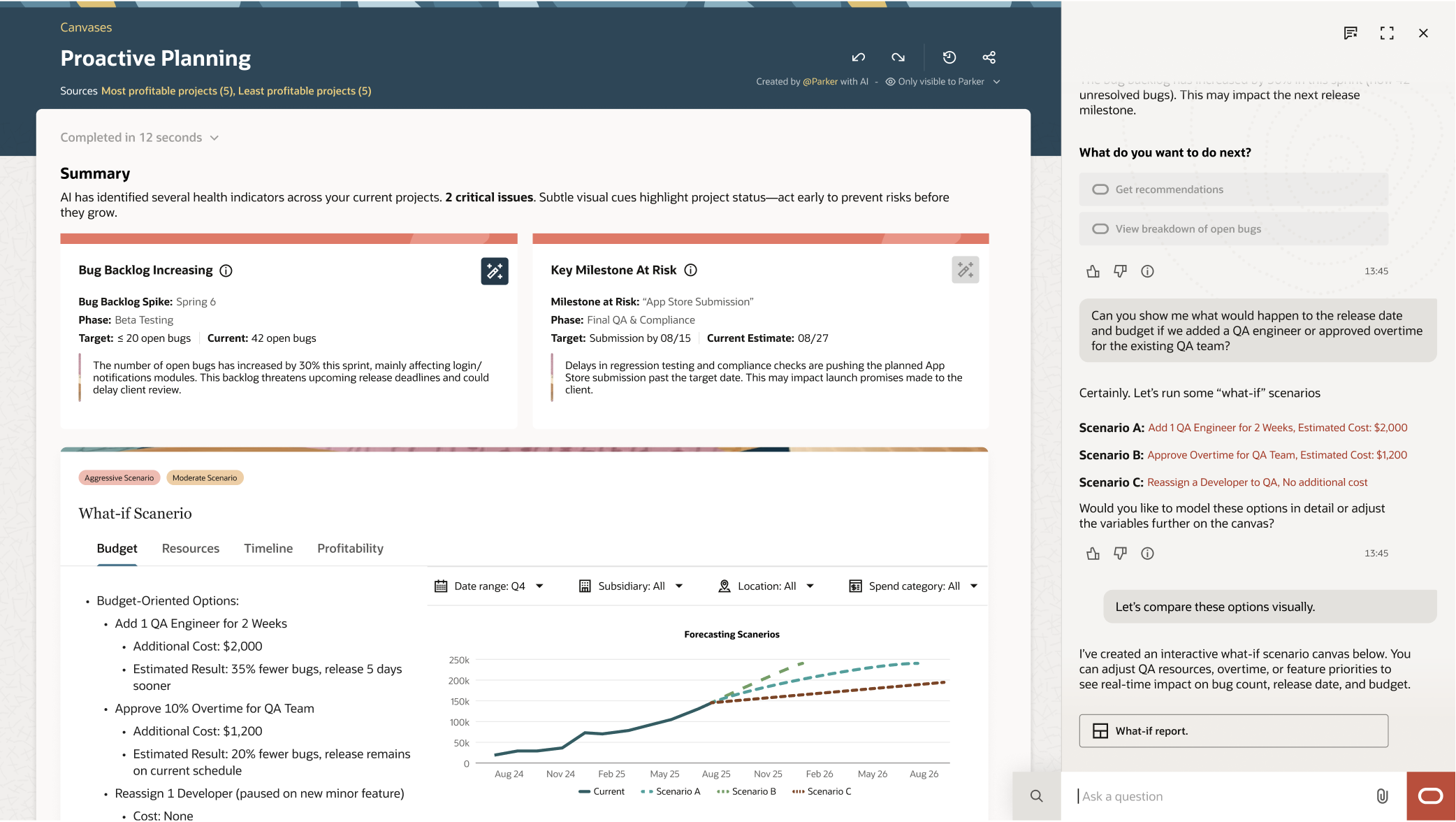 Proactive Planning canvas with project health summary and what-if scenarios